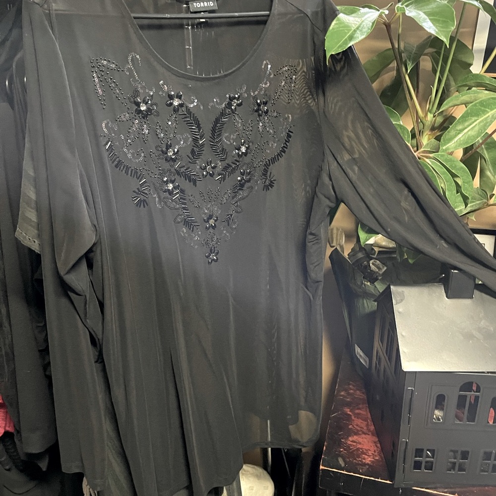 Embroidered beaded mesh top